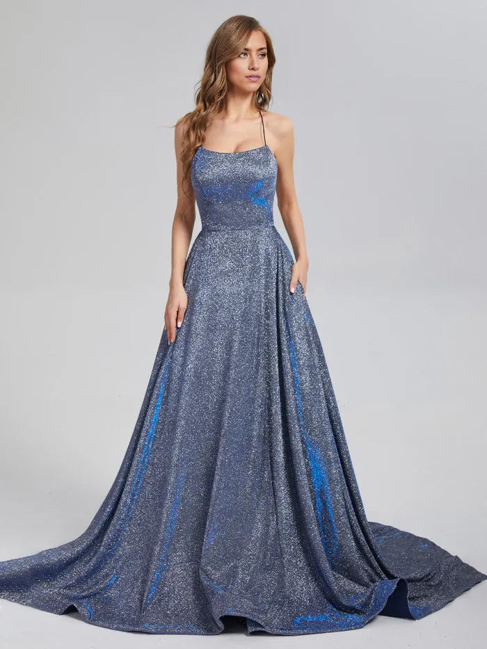 Sparkly A-line Spaghetti Straps Sleeveless Crisscross Back Court Train Prom Dress